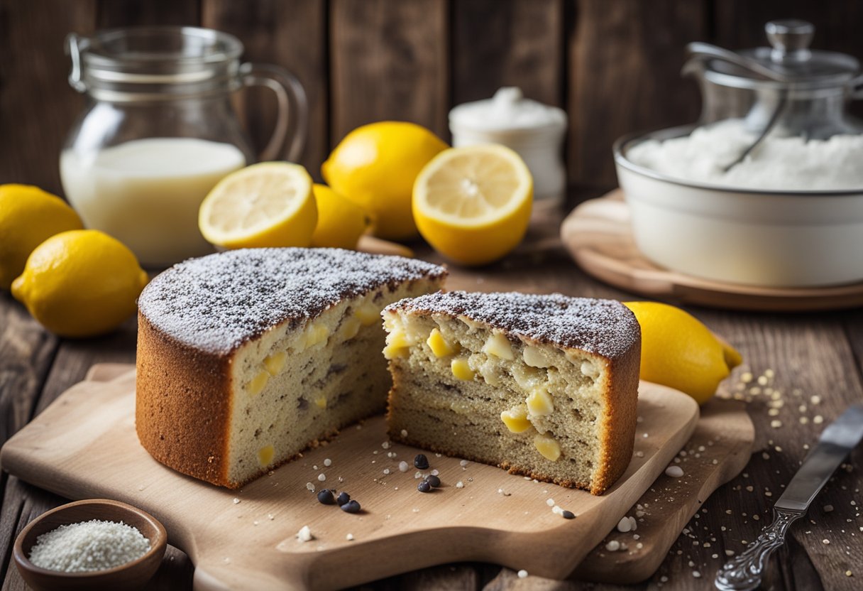 Uma cozinha rústica com limões frescos, sementes de papoula e ingredientes de confeitaria dispostos em uma mesa de madeira, com uma receita escrita à mão para bolo de limão caseiro.