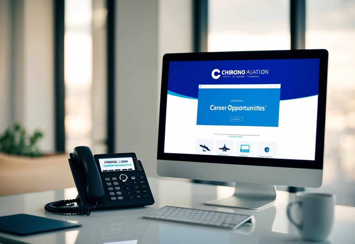 A desk with a ringing phone, a computer screen displaying "Career Opportunities," and a company logo for Chrono Aviation