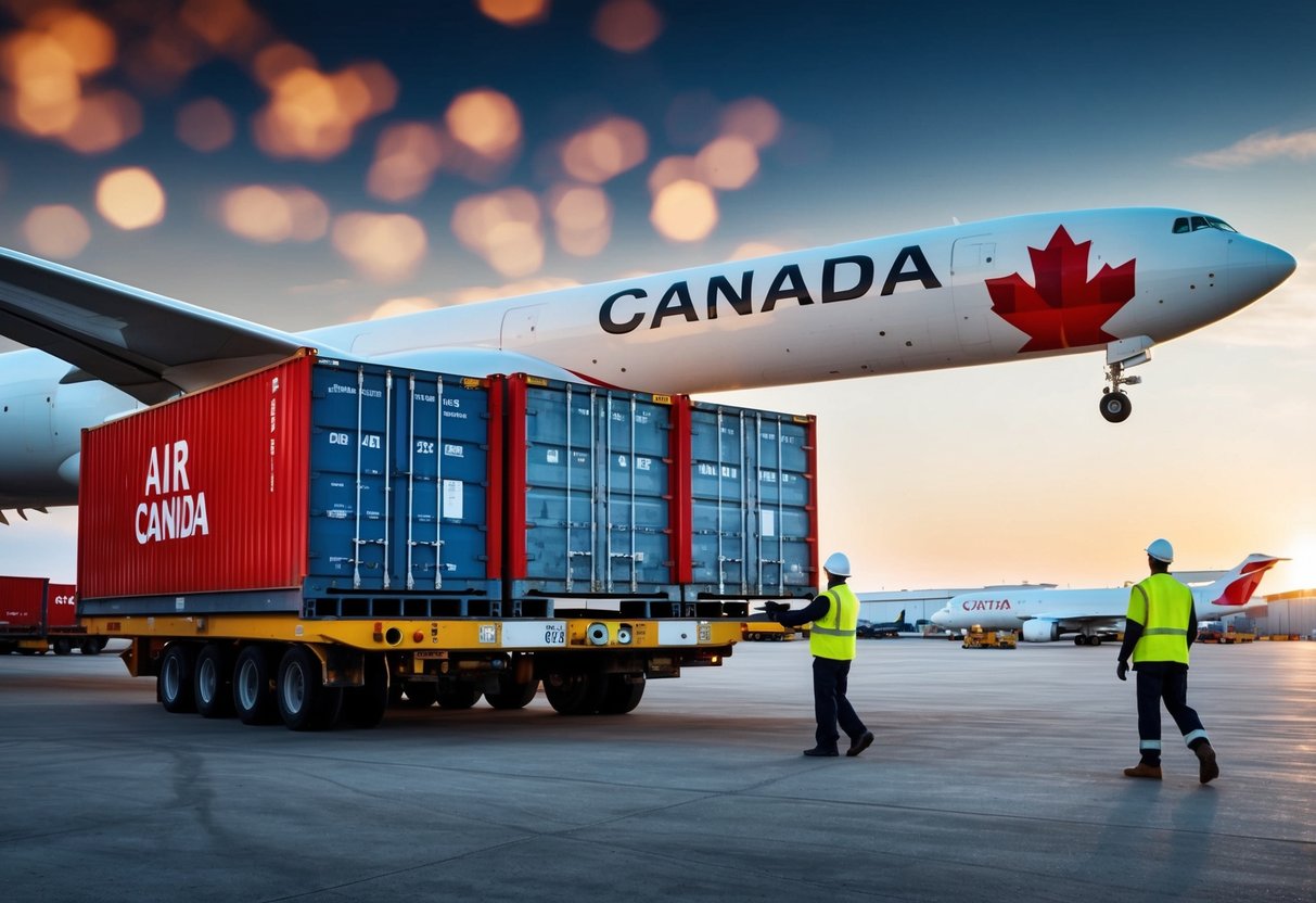 Air Canada Cargo Contact Phone Number A cargo warehouse with workers loading crates onto an Air Canada Cargo plane