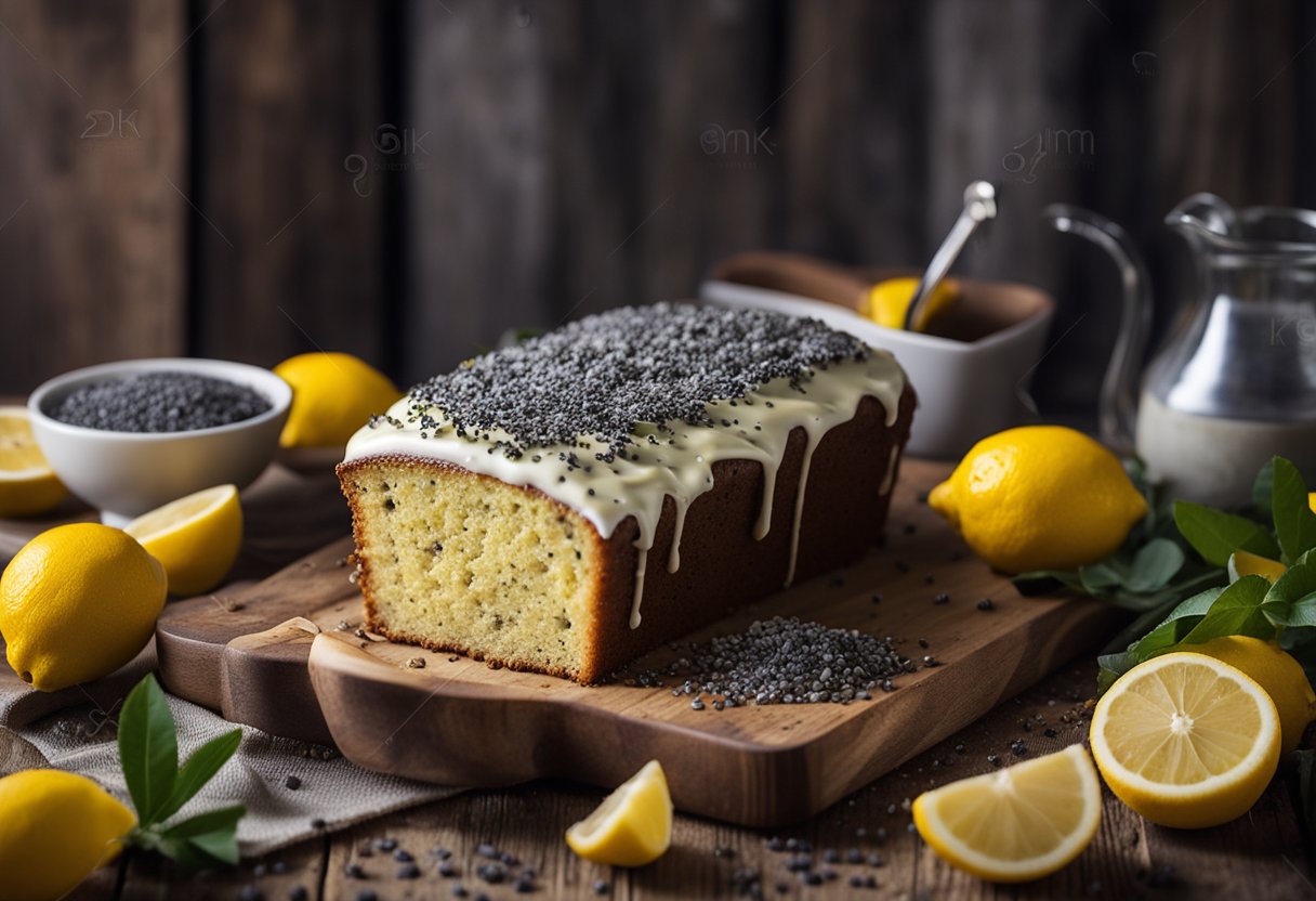 Um bolo de limão com sementes de papoula caseiro e recém-assado sendo apresentado em uma mesa rústica de madeira, cercado por limões frescos e sementes de papoula.