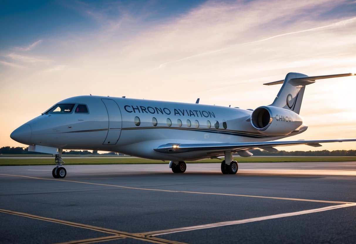 A sleek corporate jet parked on a tarmac, with the Chrono Aviation logo prominently displayed on the fuselage