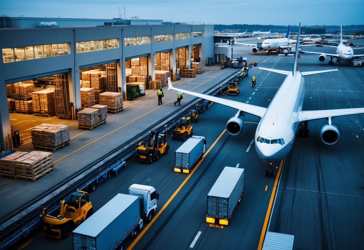 Air Canada Cargo Contact Phone Number A bustling cargo terminal with planes being loaded and unloaded, workers moving pallets, and trucks coming and going