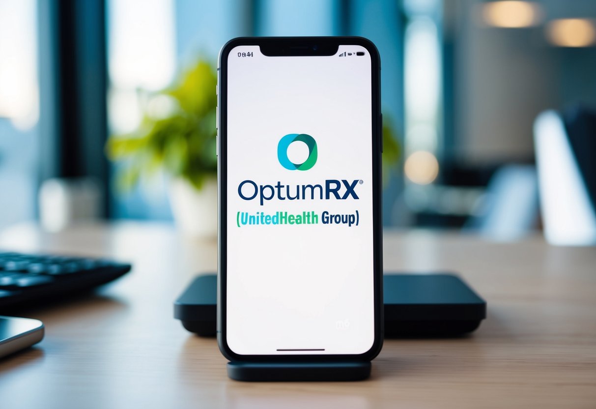 A phone sitting on a desk with the OptumRx (UnitedHealth Group) logo displayed on the screen