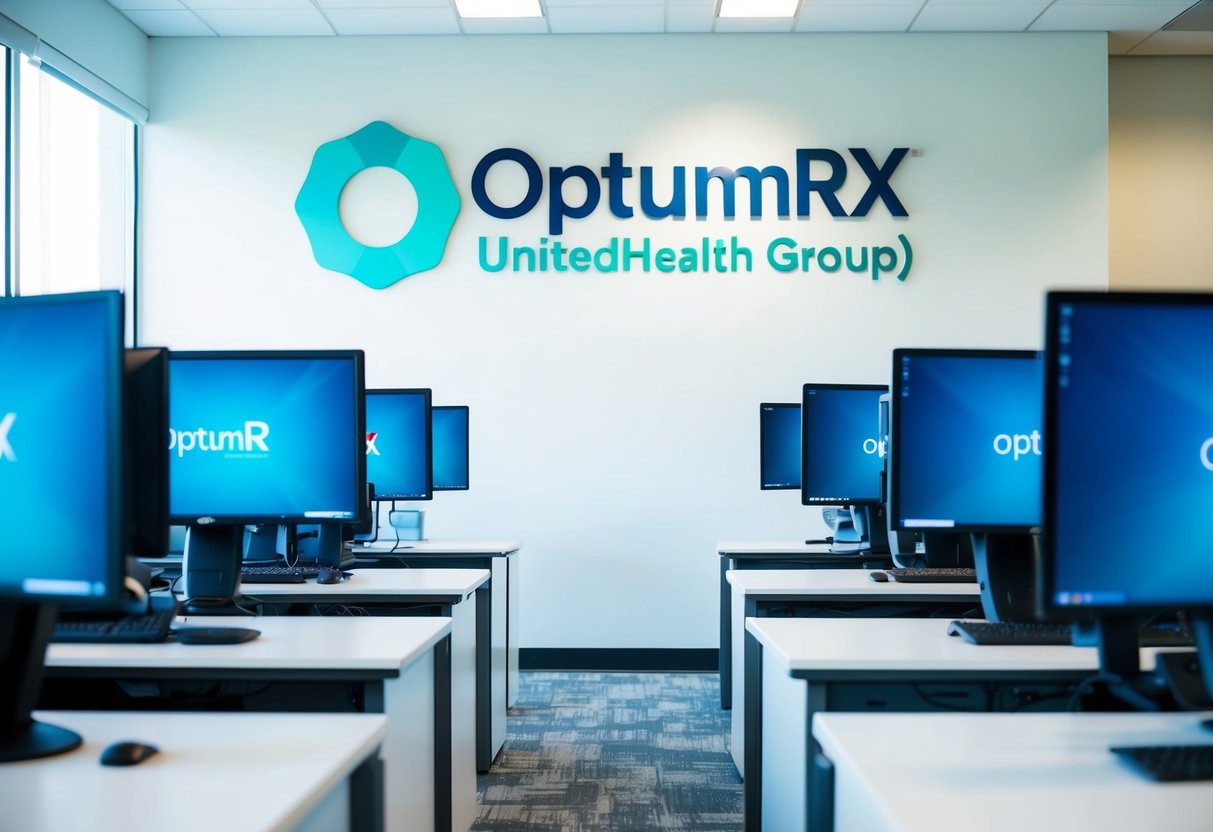 A bright, modern call center with rows of desks and computer monitors. A large logo of OptumRx (UnitedHealth Group) is displayed prominently on the wall