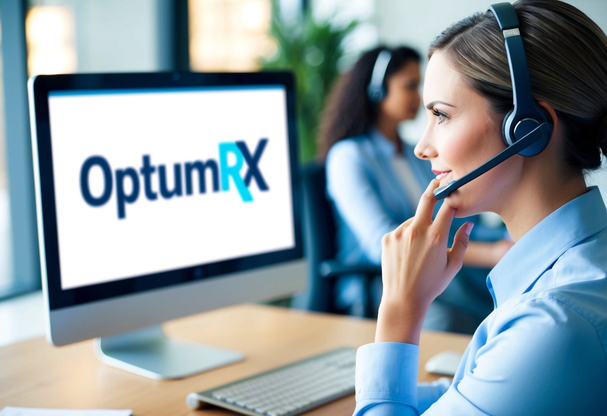 A customer service representative sitting at a desk with a headset on, speaking on the phone with a computer screen displaying the OptumRx logo in the background