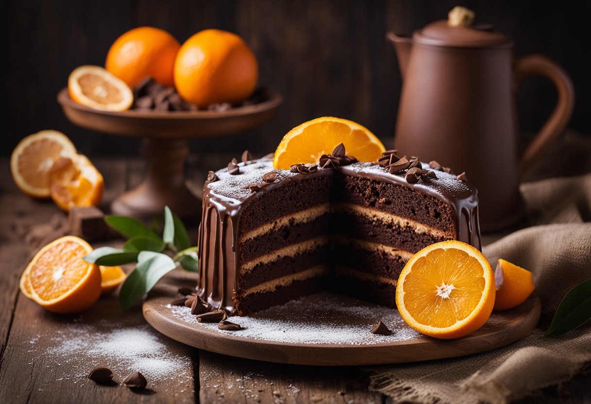 Um bolo caseiro de chocolate e laranja repousa sobre uma mesa de madeira rústica, cercado por laranjas frescas e uma pitada de cacau em pó.