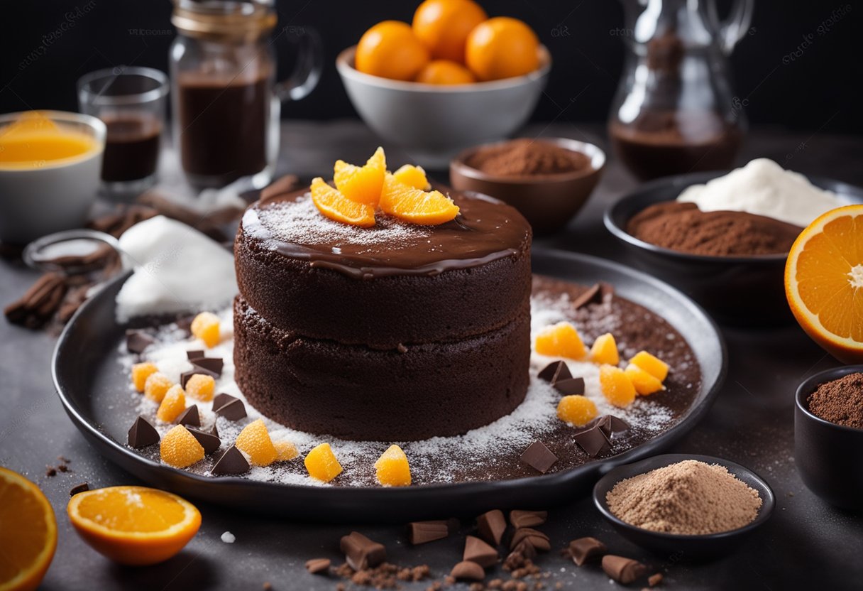 Um bolo de chocolate caseiro sendo misturado e combinado com raspas e suco de laranja frescos, cercado por tigelas de farinha, açúcar e cacau em pó.