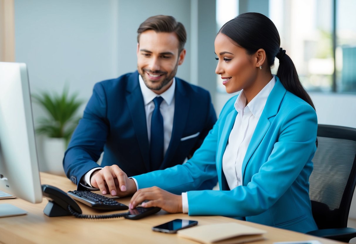 A customer service representative at a desk, with a phone and computer, assisting a patient with prescription management