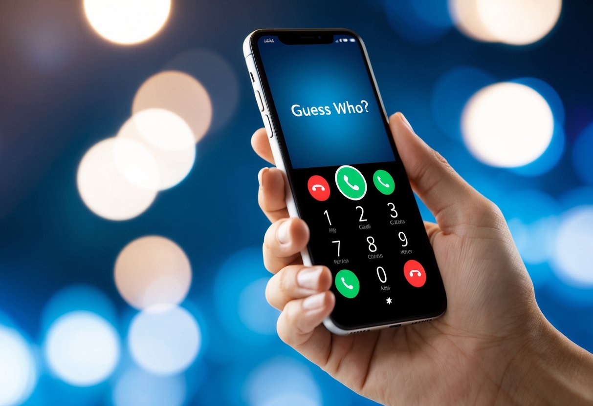 A hand reaching out to answer a ringing phone with a "Guess Who?" caller ID displayed on the screen