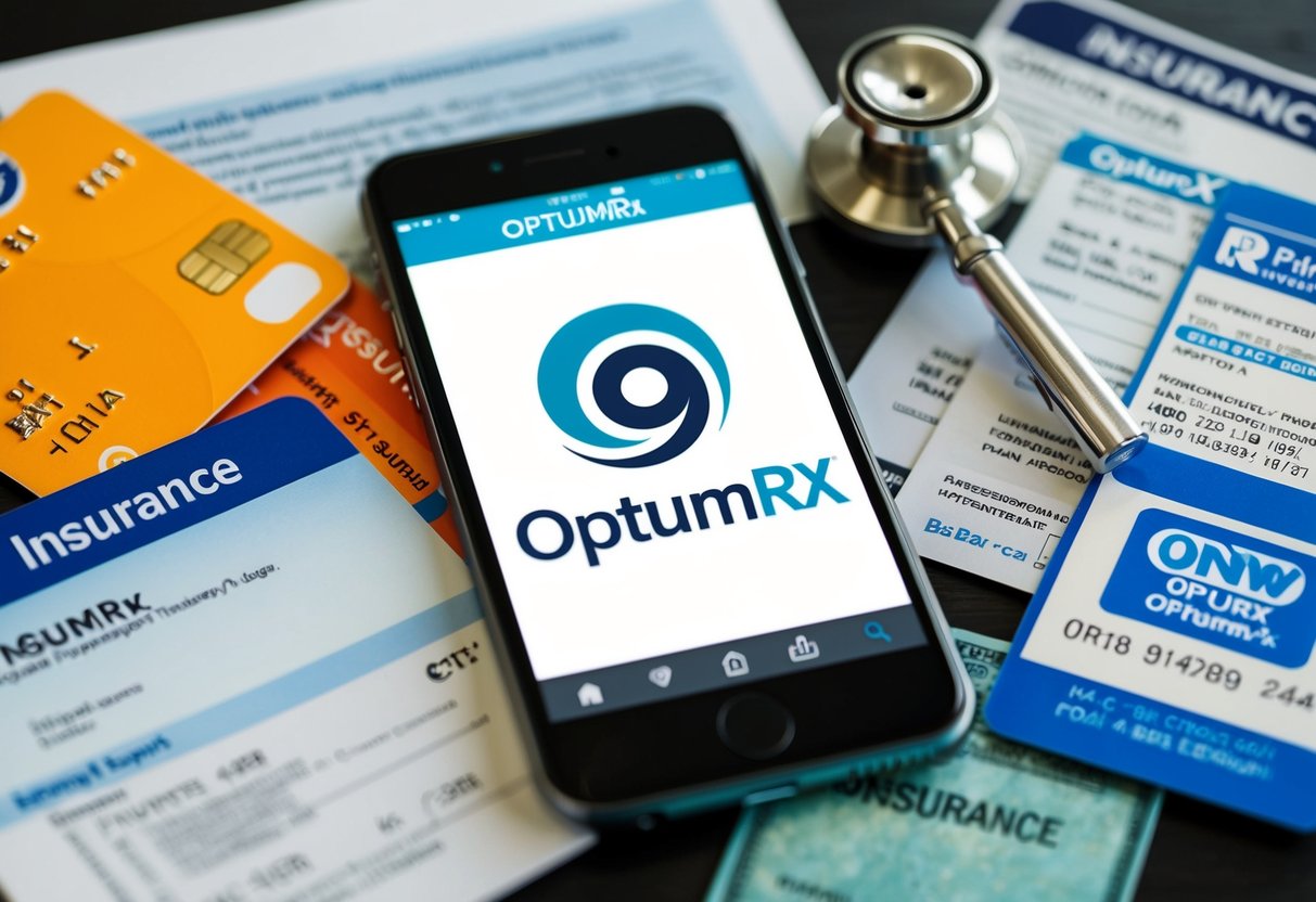 A phone with the OptumRx logo displayed on the screen, surrounded by various insurance cards and documents