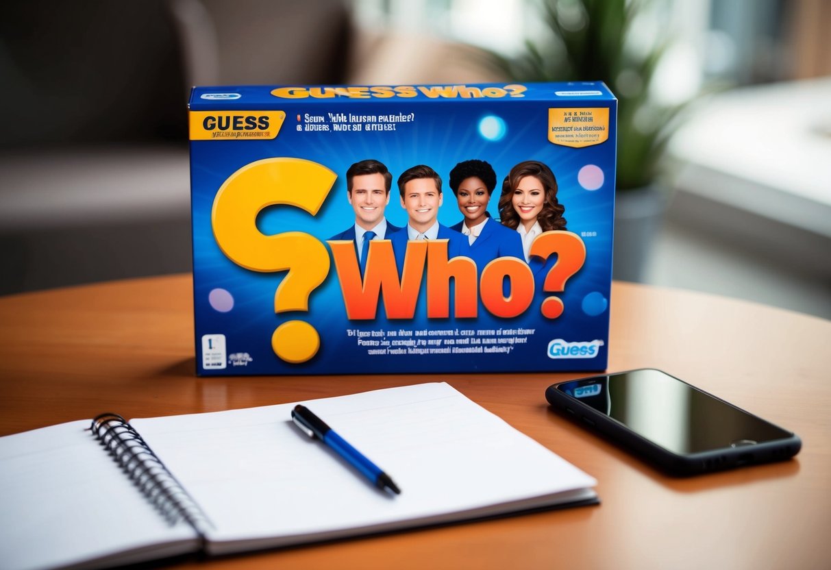 A table with the Guess Who? game box, a phone, and a notepad