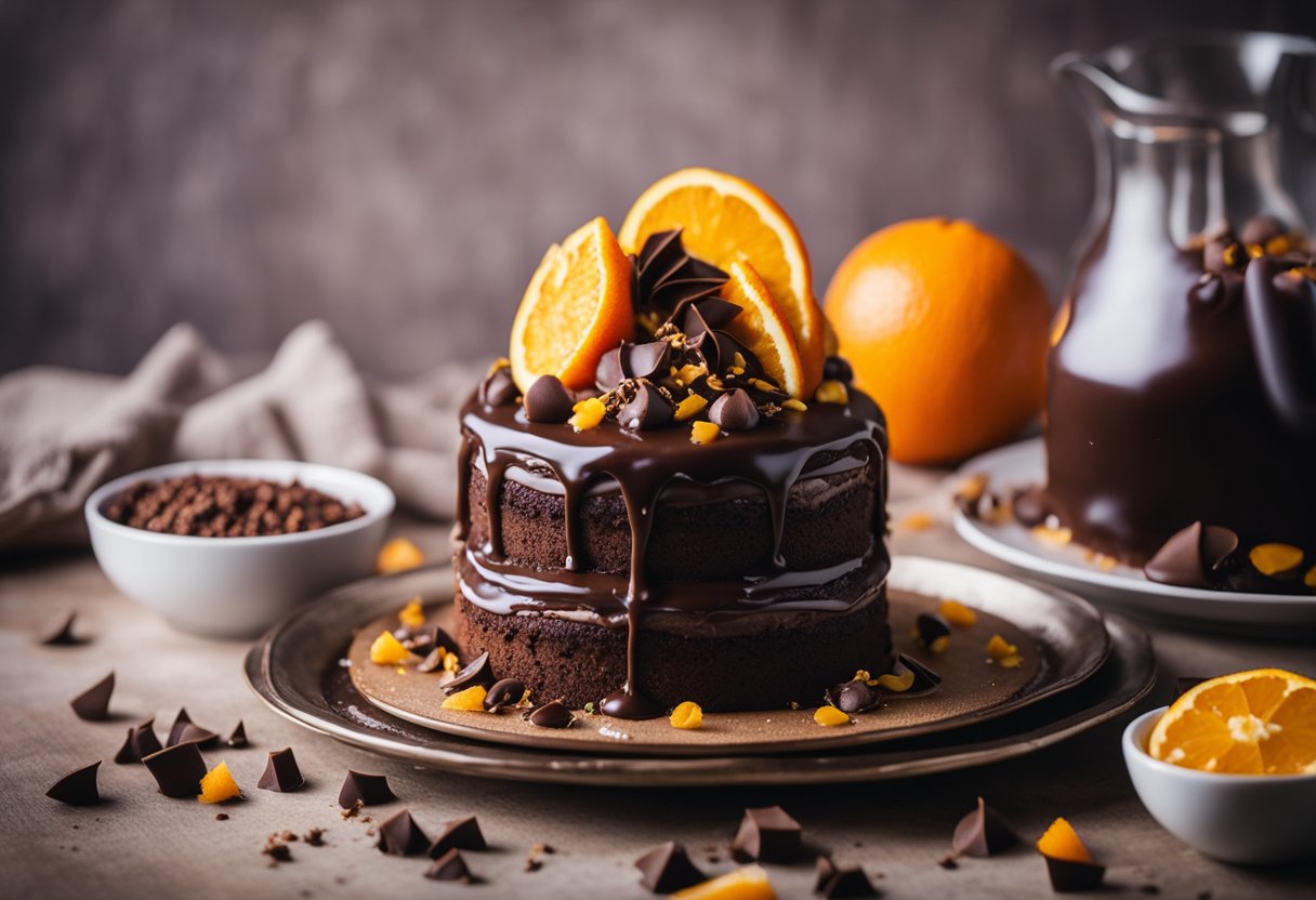 Um bolo caseiro de chocolate e laranja sendo coberto e decorado com ganache de chocolate e raspas de laranja