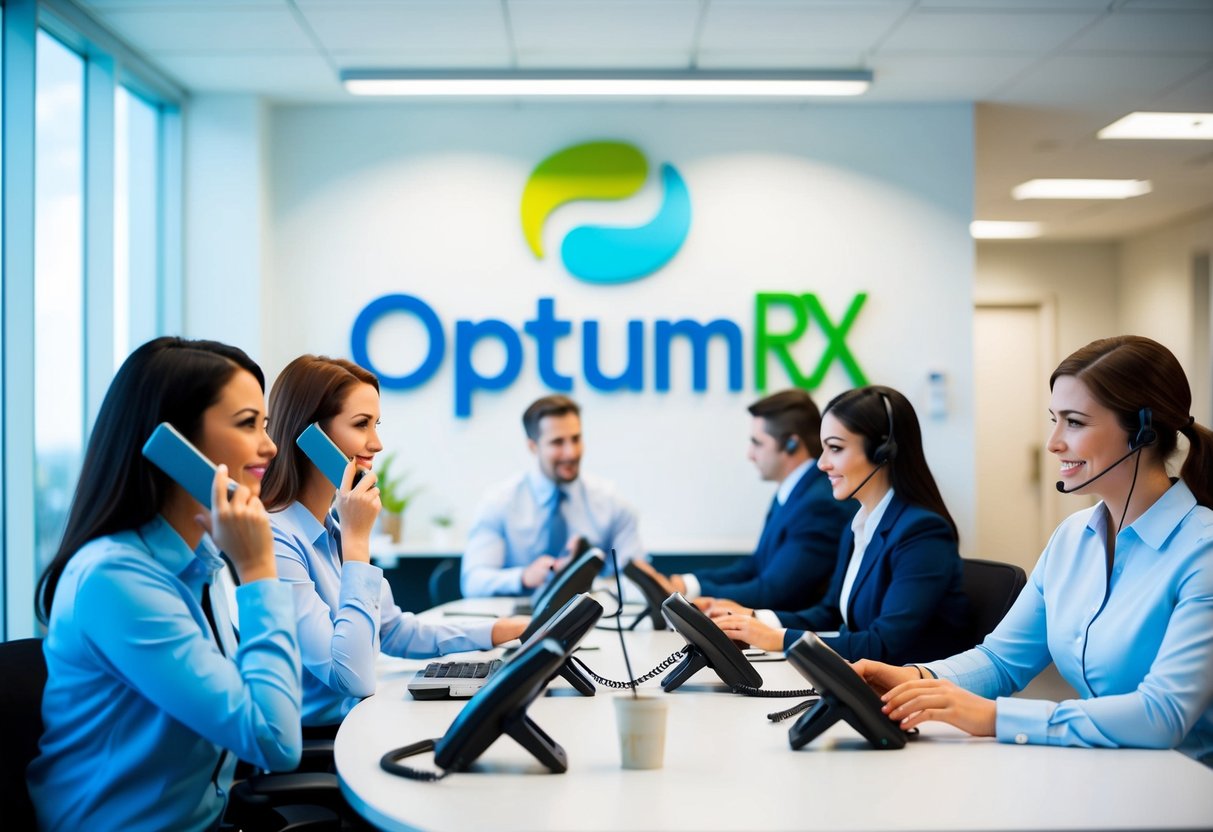 A bright and modern call center with employees assisting customers over the phone. The OptumRx logo is prominently displayed, and the atmosphere is professional and efficient