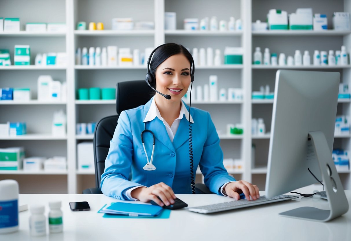 A customer support representative at a desk with a headset, computer, and phone, surrounded by shelves of medication and healthcare materials