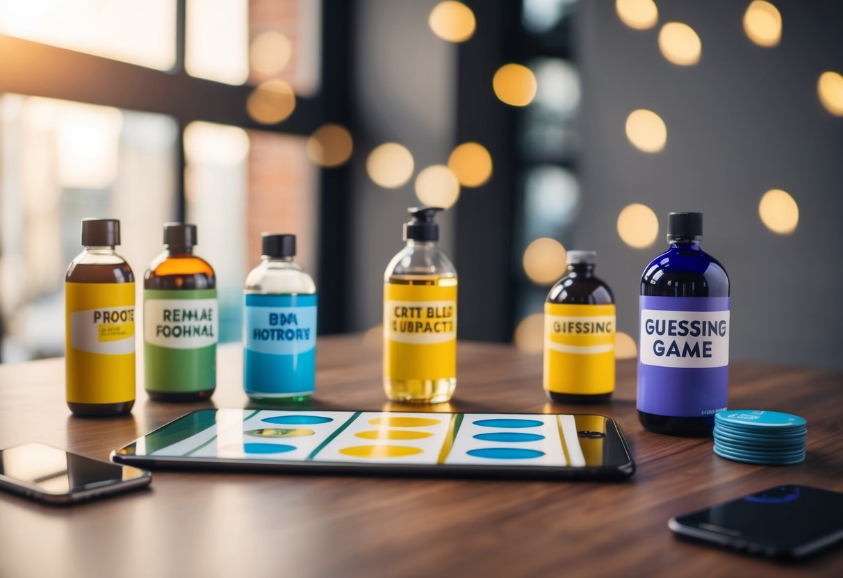 A table with various products arranged in a guessing game style, with a phone nearby