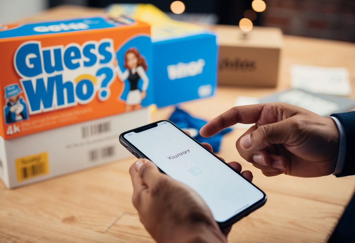A hand reaching for a phone with a Guess Who? game box and shipping materials in the background