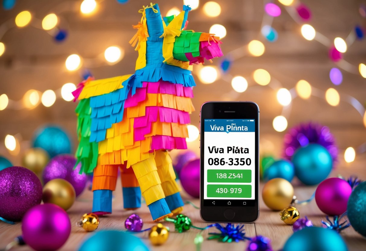 Viva Piñata Contact Phone Number for Support and Inquiries A colorful piñata surrounded by festive decorations and a phone with the Viva Piñata contact number displayed on the screen