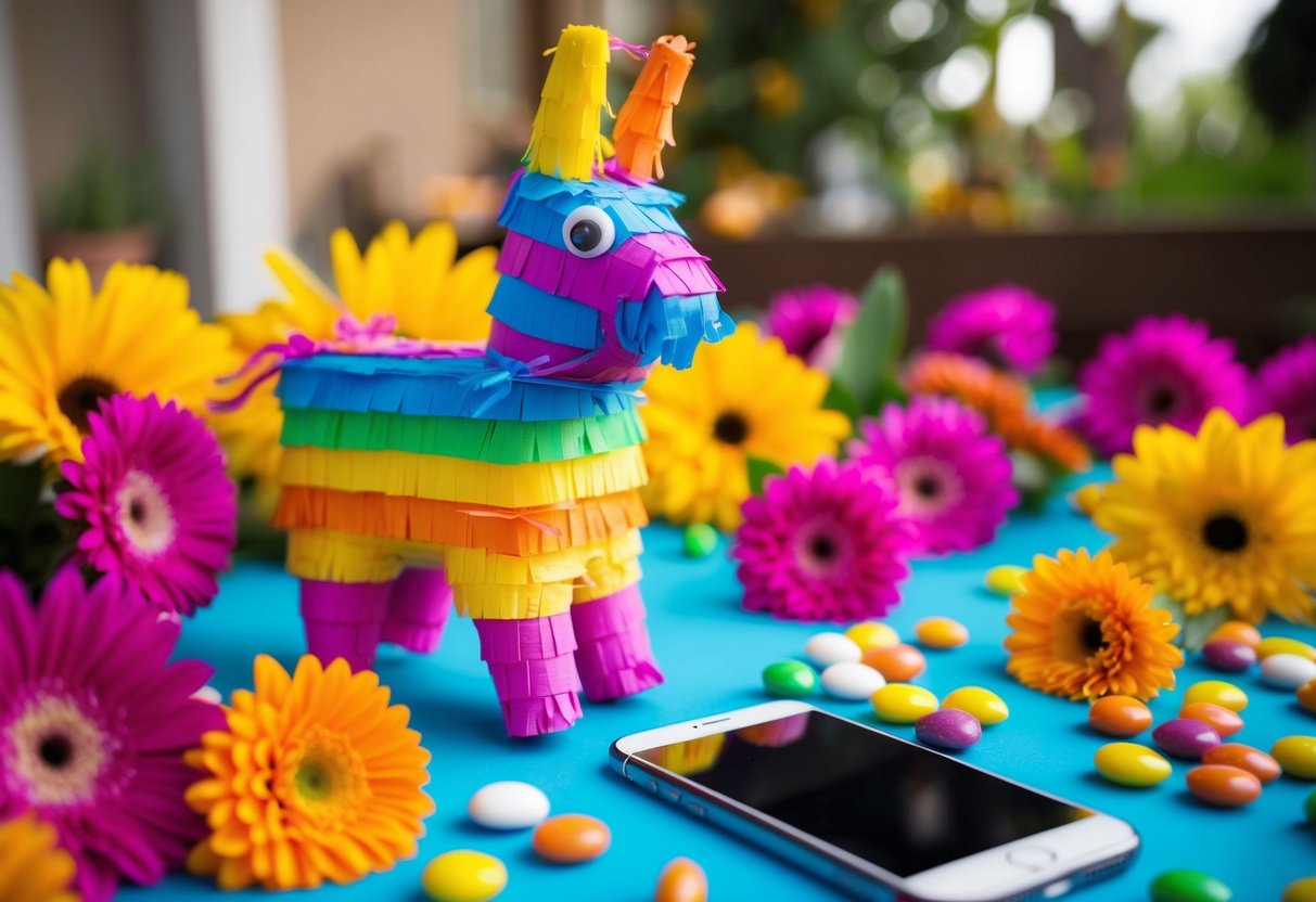 Viva Piñata Contact Phone Number for Support and Inquiries A colorful piñata surrounded by vibrant flowers and candy, with a phone nearby