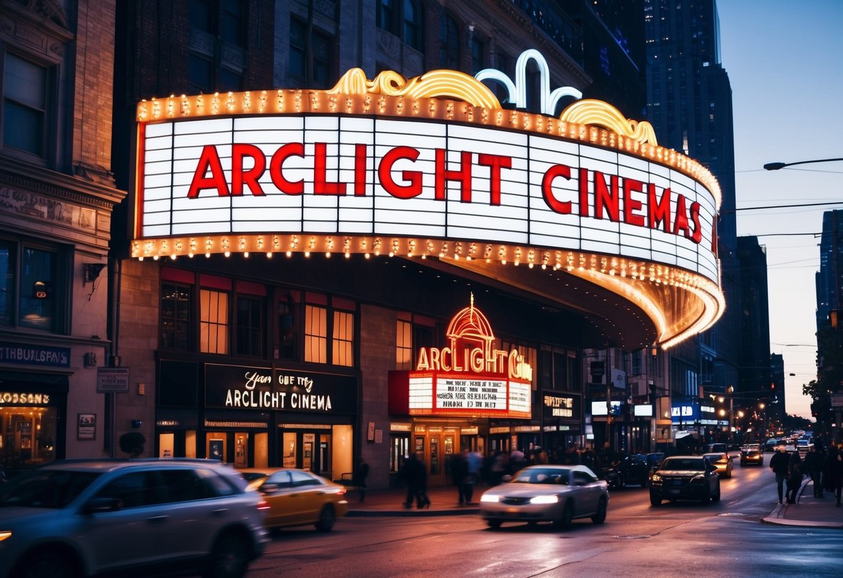 ArcLight Cinemas Contact Phone Number The iconic Arclight Cinemas marquee glowing at dusk, surrounded by bustling city streets and illuminated by the neon lights of nearby businesses