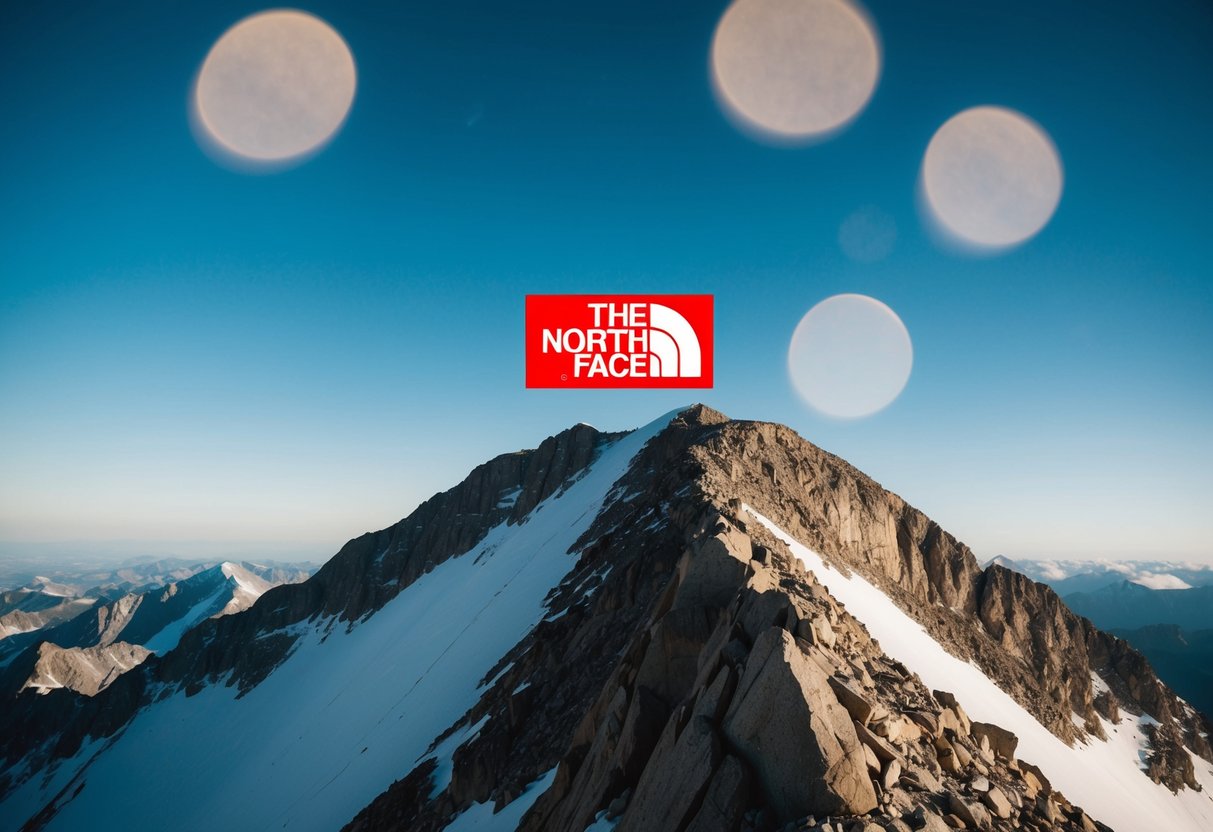 A rugged mountain peak with a clear view of the sky and a prominent North Face Summit Series logo