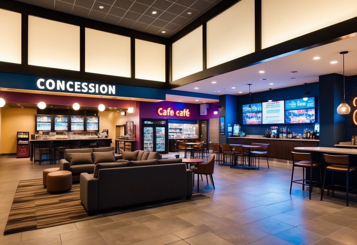 ArcLight Cinemas Contact Phone Number A bustling movie theater lobby with a concession stand and a row of dining options, including a cafe and a bar