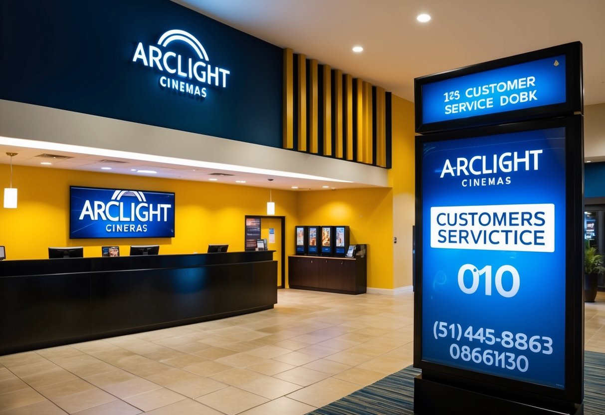 ArcLight Cinemas Contact Phone Number A brightly lit movie theater lobby with a customer service desk and a prominently displayed phone number for ArcLight Cinemas