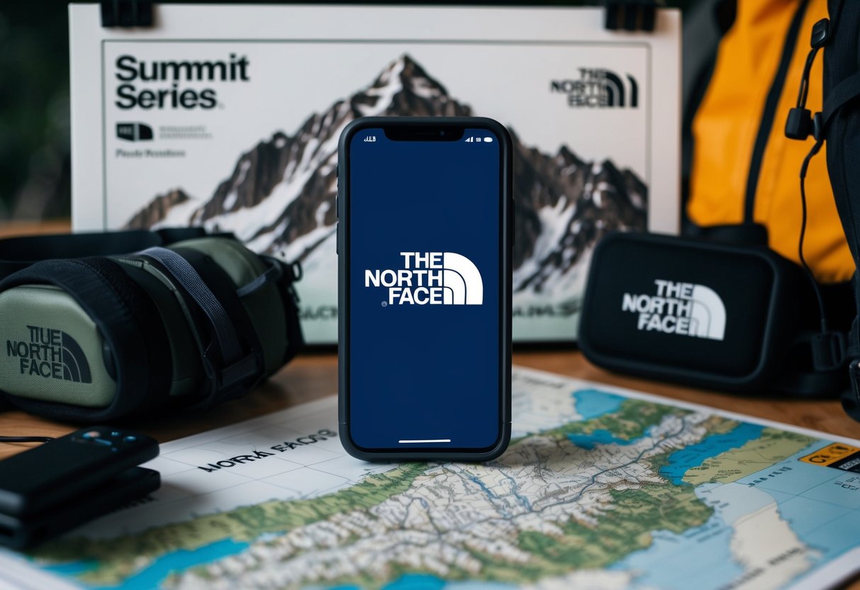 A phone sitting on a desk with a North Face Summit Series logo on the screen, surrounded by outdoor gear and a map of a mountain range