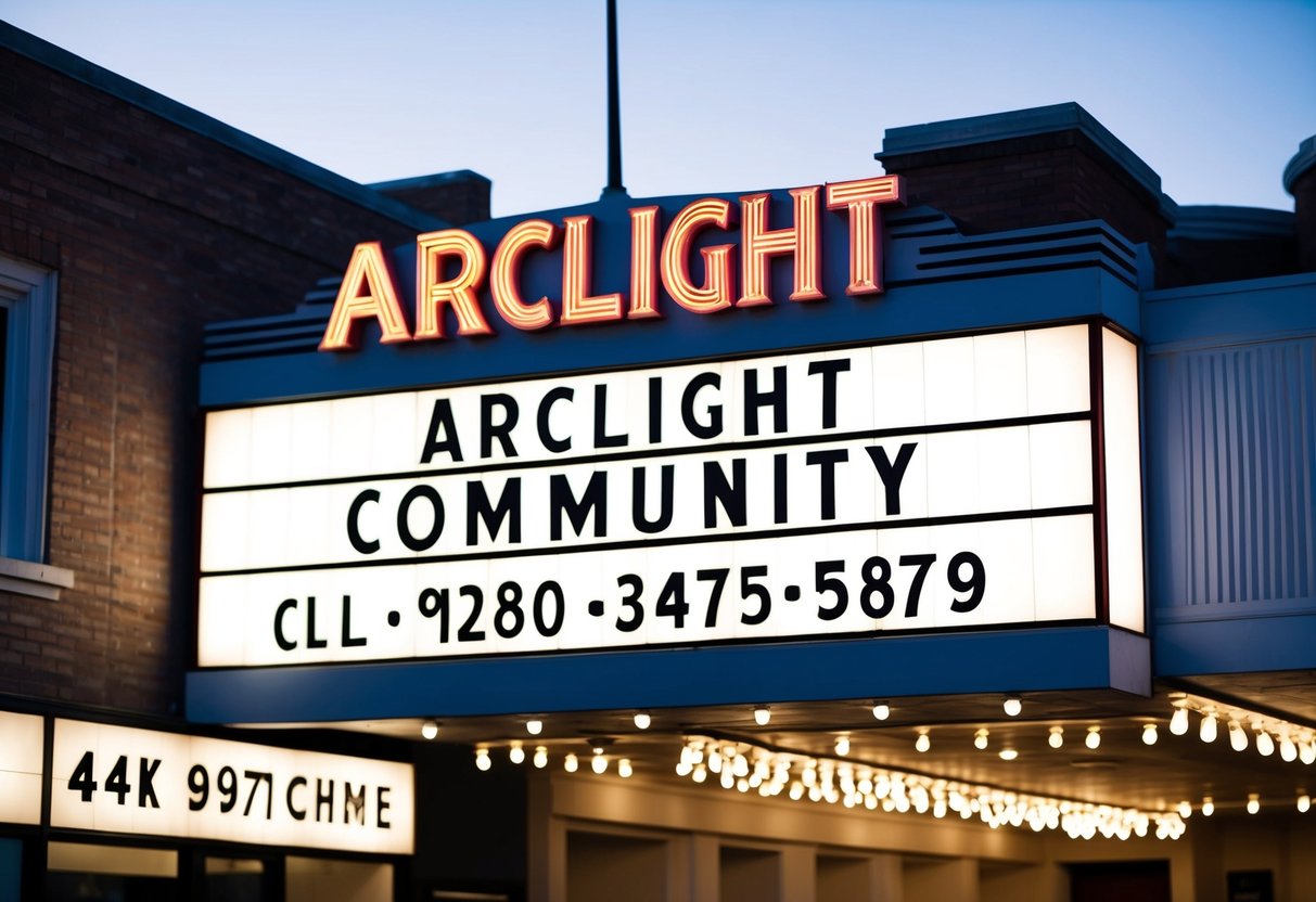 ArcLight Cinemas Contact Phone Number A movie theater marquee with the words "Arclight Community" and the contact phone number displayed prominently