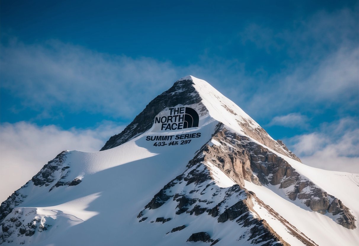 A snowy mountain peak with a clear sky, featuring a North Face Summit Series logo and a visible phone number for support
