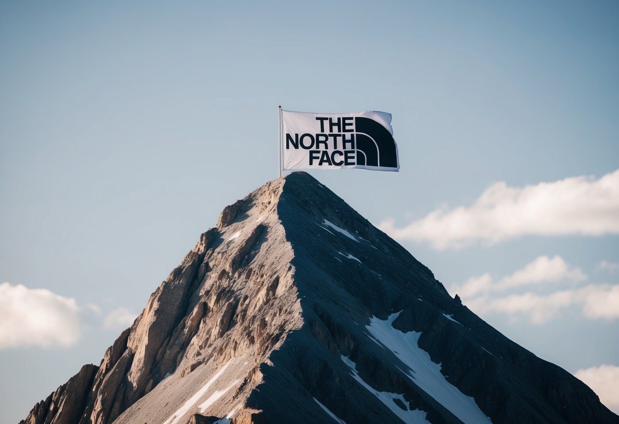 A rugged mountain peak with a clear sky and a prominent North Face Summit Series logo displayed prominently