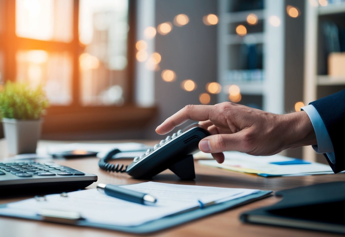 Guess Contact Phone Number A hand reaching for a ringing phone on a cluttered desk