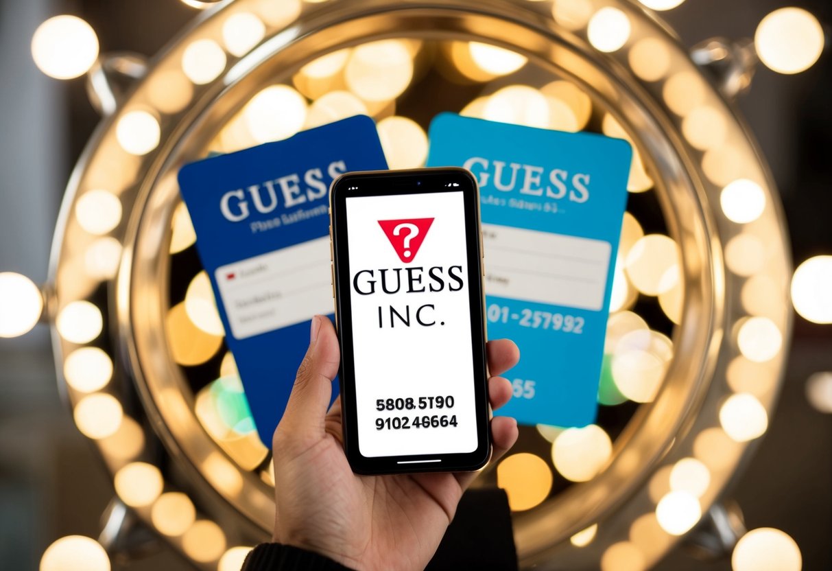 Guess Contact Phone Number A smartphone with the Guess Inc logo displayed, surrounded by a stylized phone with the Guess contact number