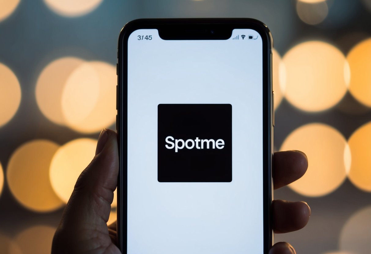 A smartphone with the SpotMe logo displayed on the screen