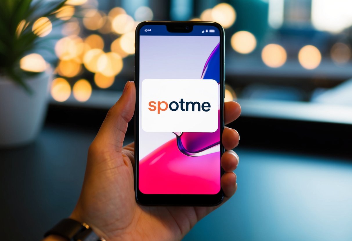 A smartphone with the SpotMe logo displayed on the screen