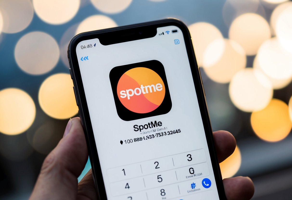 A smartphone with the SpotMe logo displayed on the screen, with the Contact Phone Number visible and easily readable
