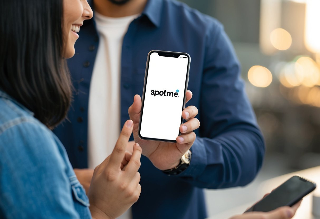 A person holding a phone with the SpotMe logo on the screen, while smiling and engaging with a customer