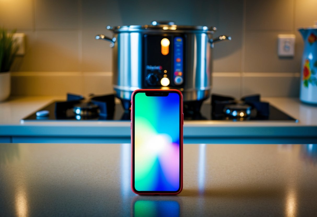 Jetboil Contact Phone Number A brightly lit phone sitting on a kitchen counter, with a Jetboil stove in the background
