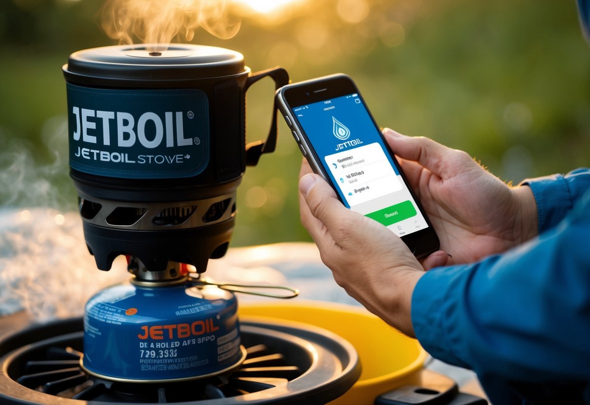 Jetboil Contact Phone Number A person using a Jetboil stove to boil water while holding a phone with the Jetboil contact number displayed on the screen