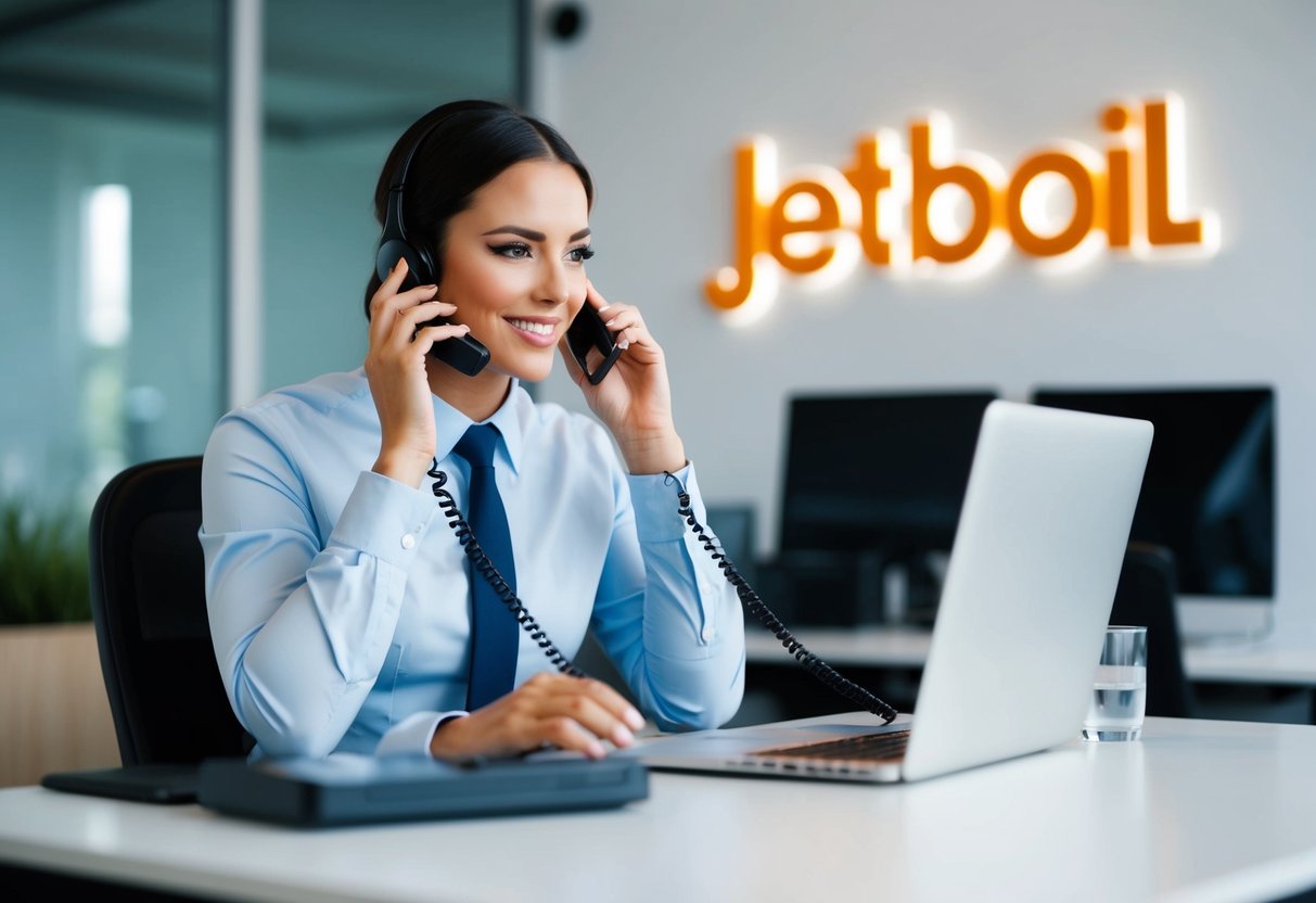 Jetboil Contact Phone Number A customer service representative answering calls at a desk with a Jetboil logo displayed on the wall behind them