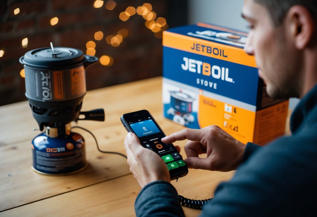 Jetboil Contact Phone Number A person dialing a phone with a Jetboil stove and packaging in the background