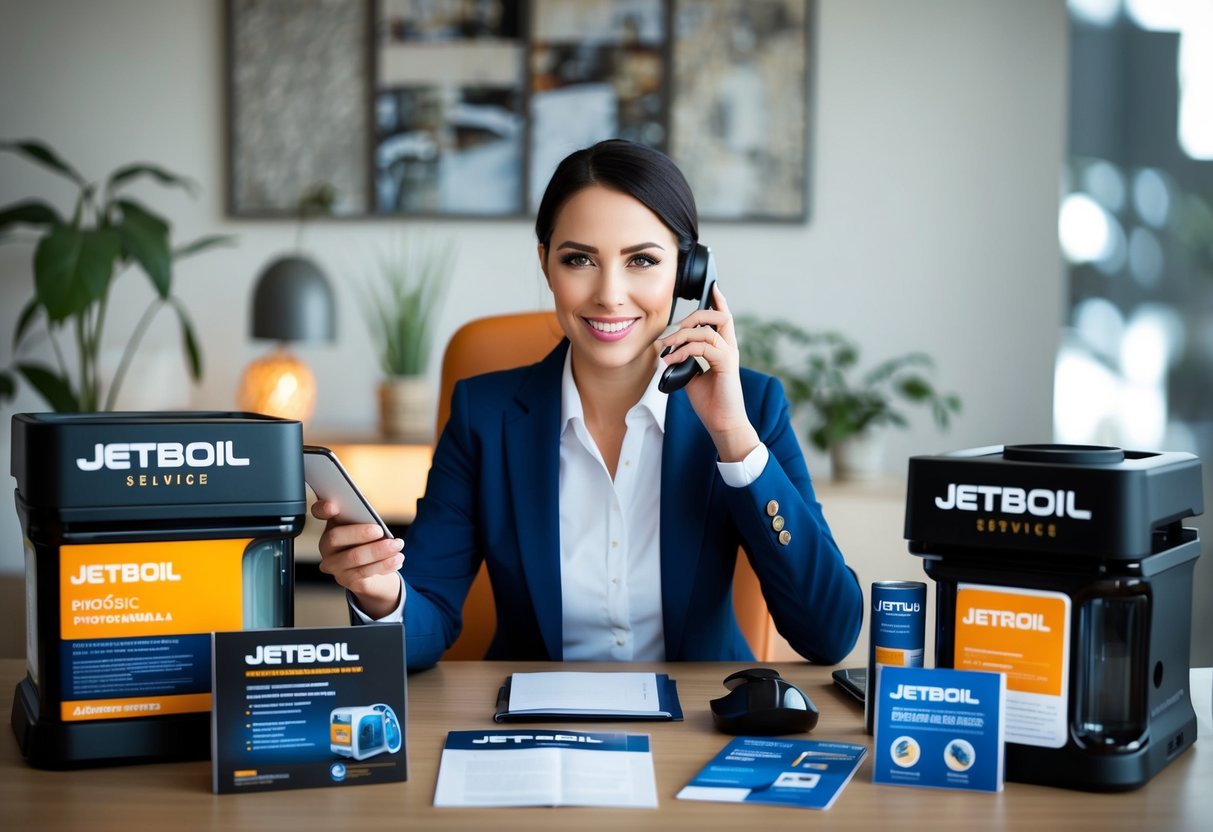 Jetboil Contact Phone Number A customer service representative answers calls at a desk surrounded by Jetboil products and informational materials