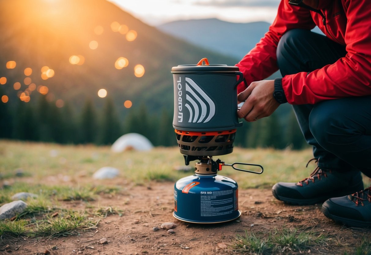 Jetboil Contact Phone Number A person setting up a Jetboil stove in a scenic outdoor location