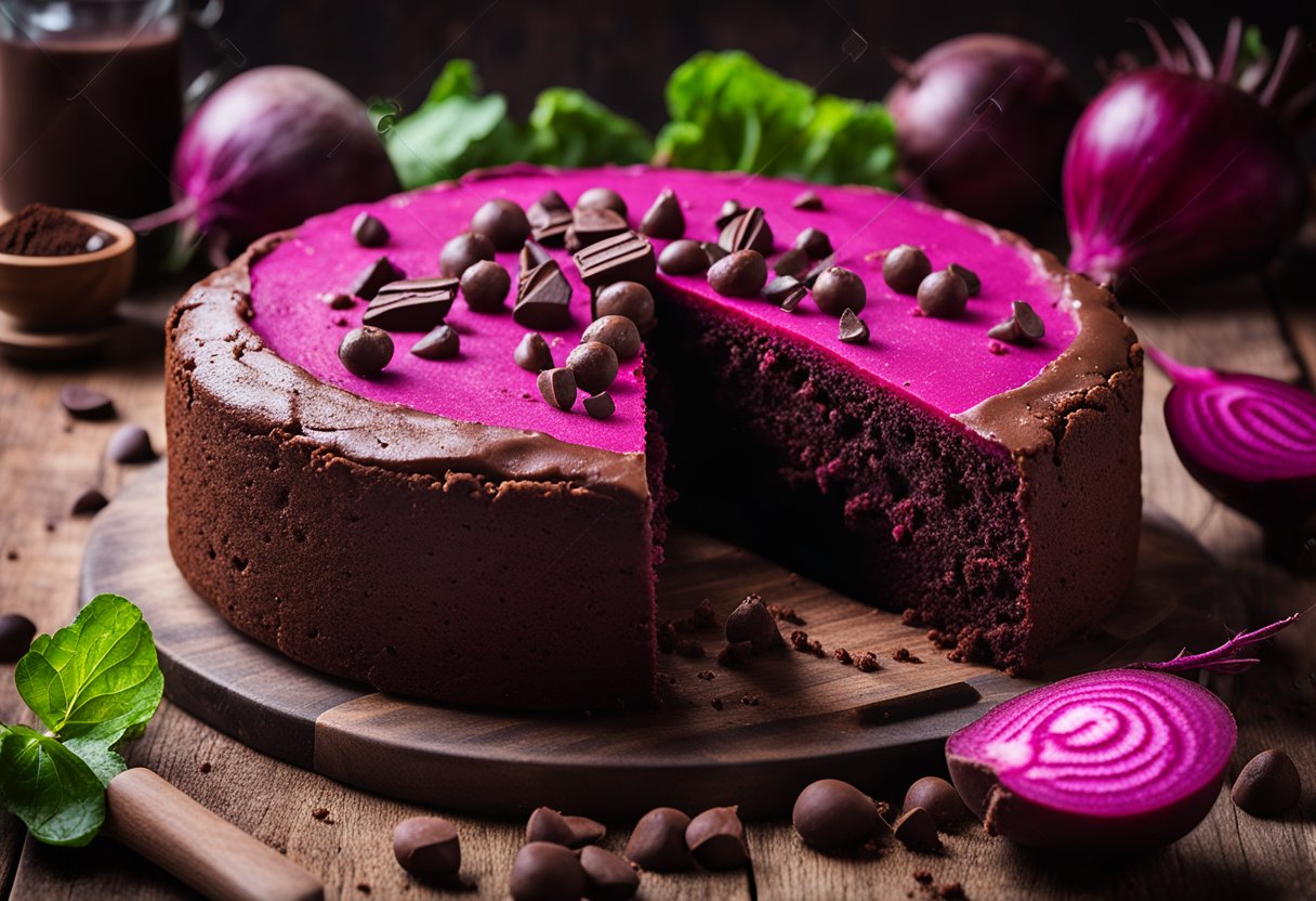 Um vibrante bolo de chocolate com beterraba repousa sobre uma mesa de madeira rústica, cercado por beterrabas frescas, cacau em pó e uma pitada de gotas de chocolate.