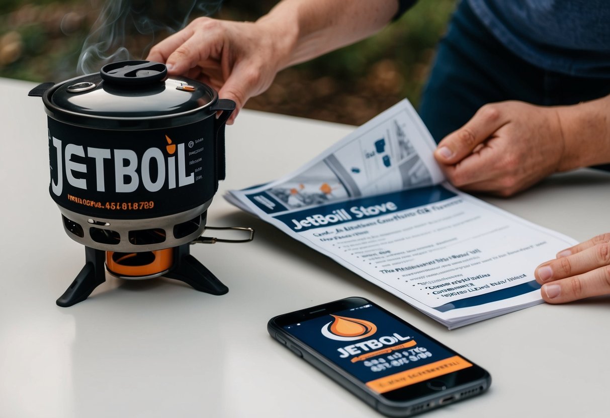 Jetboil Contact Phone Number A person using a Jetboil stove while referencing the user guidance manual, with a phone nearby displaying the Jetboil contact number