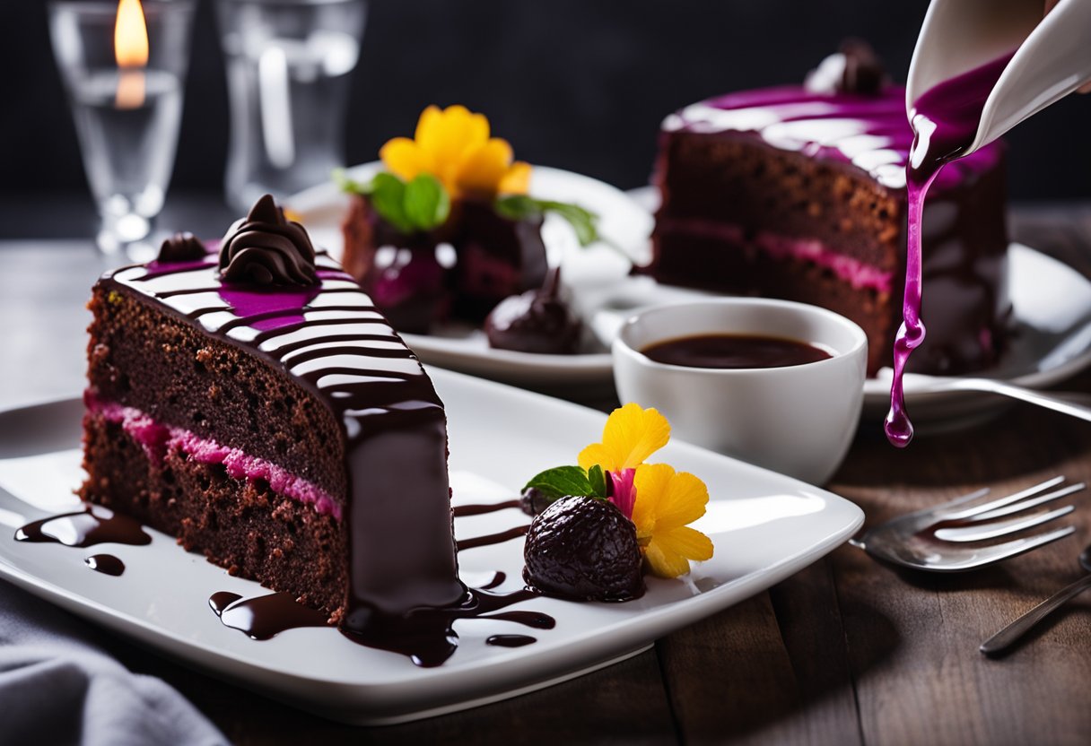 Um vibrante bolo de beterraba sendo regado com um rico ganache de chocolate, criando uma reviravolta surpreendente e deliciosa em uma sobremesa clássica.