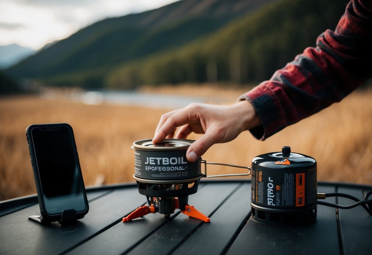 Jetboil Contact Phone Number A hand reaching for a jetboil stove with a phone nearby for contact