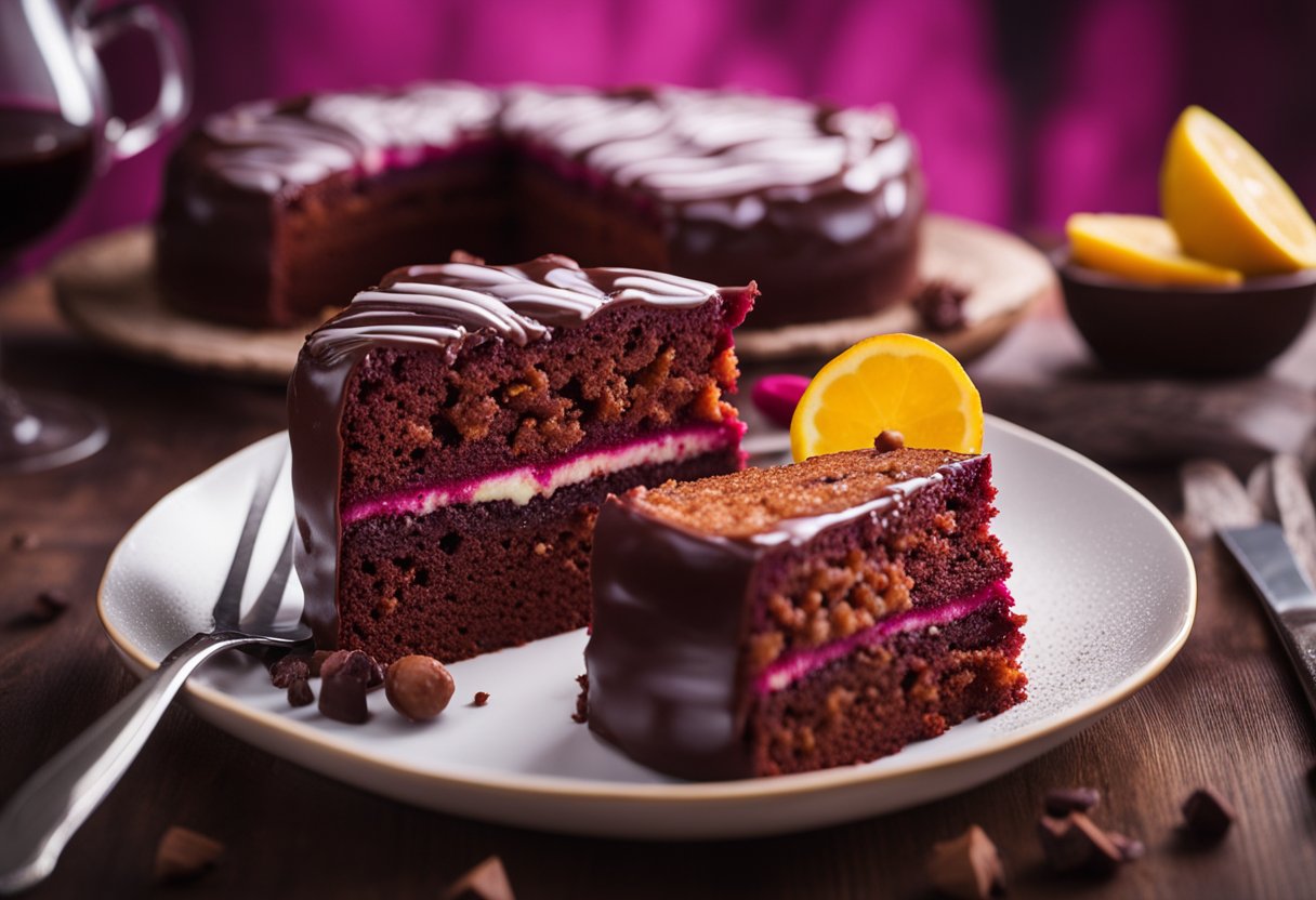 Um vibrante bolo de beterraba sendo fatiado, revelando camadas ricas de chocolate e uma surpreendente explosão de cor