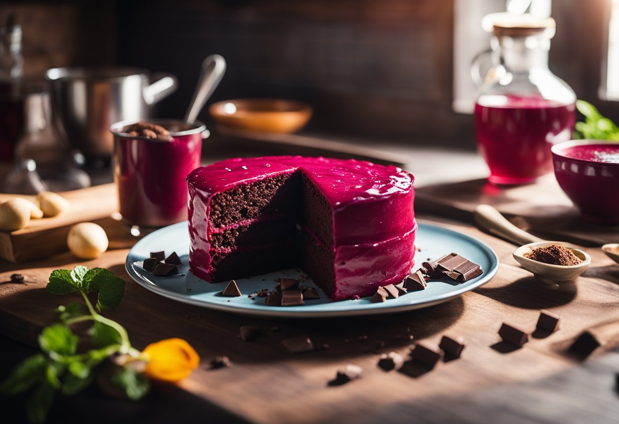 Um vibrante bolo de beterraba vermelha sendo misturado com chocolate escuro e rico em um ambiente de cozinha rústica. A luz do sol entra pela janela, destacando os ingredientes coloridos na bancada.