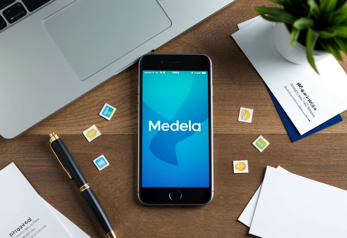 A phone with the Medela logo on the screen, surrounded by a few scattered business cards and a pen