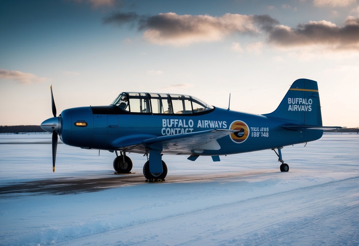 A vintage airplane parked on a snowy tarmac, with a sign displaying "Buffalo Airways Contact Phone Number" prominently on the side of the aircraft